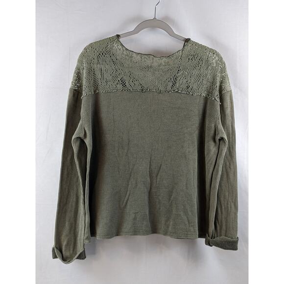 Knox Rose Thermal Lace Top Long Sleeve Green S Layer Boho Split V Neck Cuffed - Picture 2 of 9